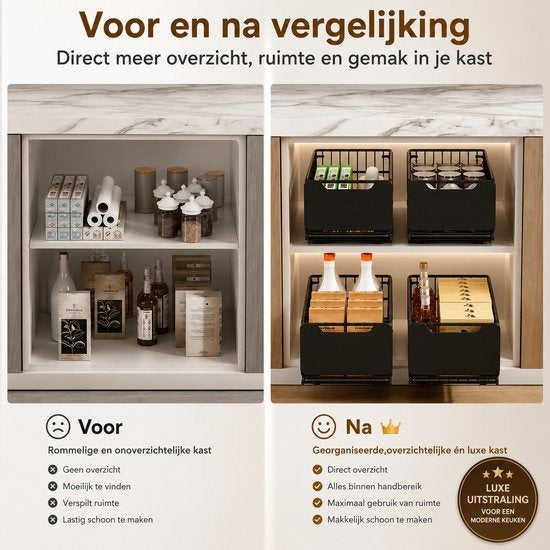TammaT Uitschuifbare & Inklapbare Keukenkast Organizer | RVS Kastrek 43 × 25 × 18 cm | Zwart en Wit kleur beschikbaar