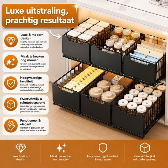 TammaT Uitschuifbare & Inklapbare Keukenkast Organizer | RVS Kastrek 43 × 25 × 18 cm | Zwart en Wit kleur beschikbaar