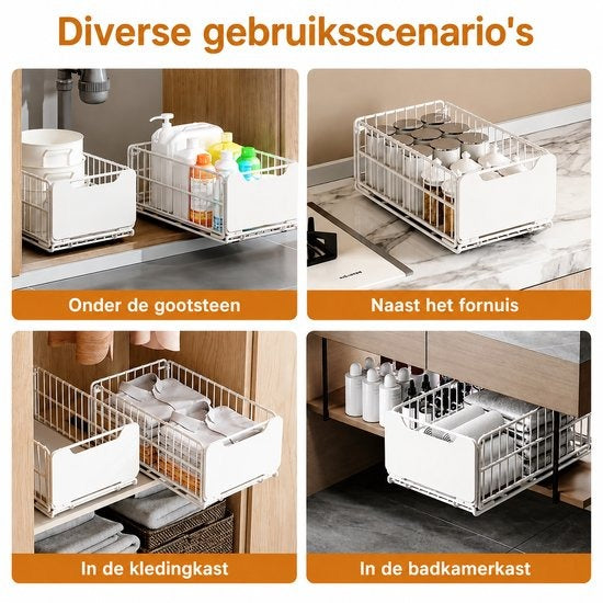 TammaT Uitschuifbare & Inklapbare Keukenkast Organizer | RVS Kastrek 43 × 25 × 18 cm | Zwart en Wit kleur beschikbaar
