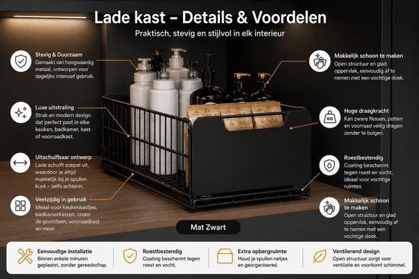 TammaT Uitschuifbare & Inklapbare Keukenkast Organizer | RVS Kastrek 43 × 25 × 18 cm | Zwart en Wit kleur beschikbaar