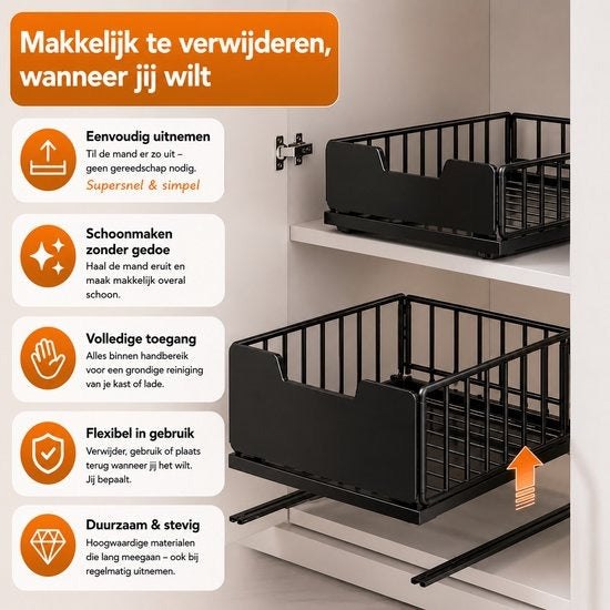 TammaT Uitschuifbare & Inklapbare Keukenkast Organizer | RVS Kastrek 43 × 25 × 18 cm | Zwart en Wit kleur beschikbaar