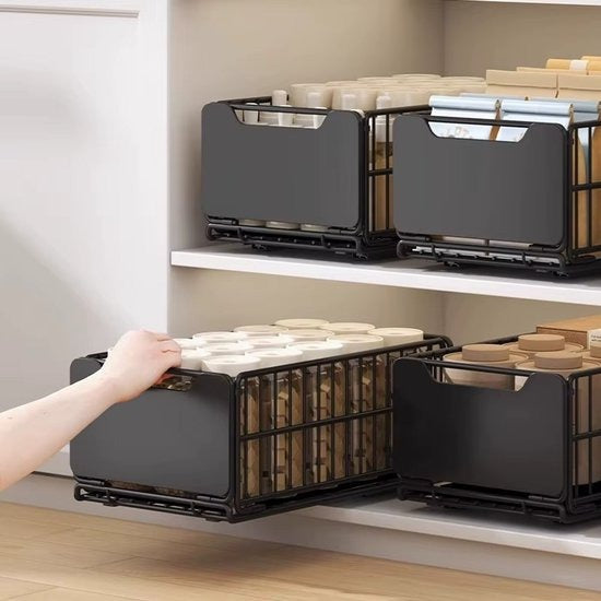 TammaT Uitschuifbare & Inklapbare Keukenkast Organizer | RVS Kastrek 43 × 25 × 18 cm | Zwart en Wit kleur beschikbaar