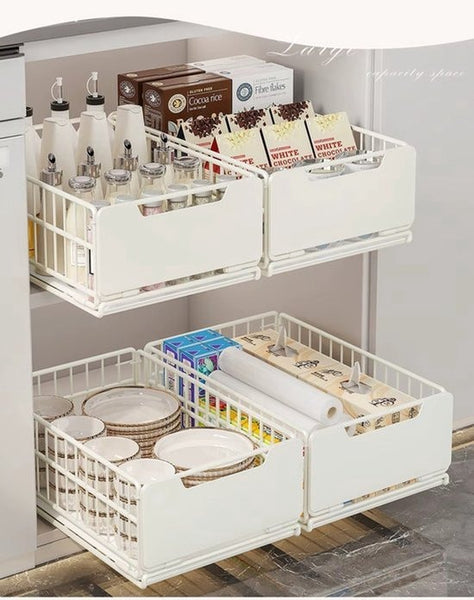 TammaT Uitschuifbare & Inklapbare Keukenkast Organizer | RVS Kastrek 43 × 25 × 18 cm | Zwart en Wit kleur beschikbaar