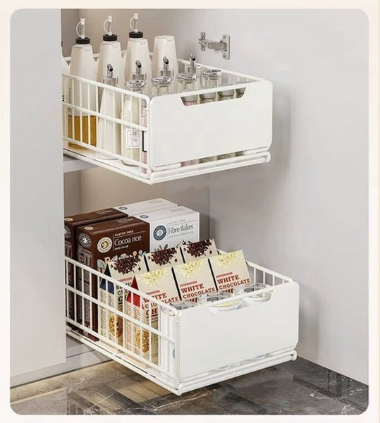 TammaT Uitschuifbare & Inklapbare Keukenkast Organizer | RVS Kastrek 43 × 25 × 18 cm | Zwart en Wit kleur beschikbaar