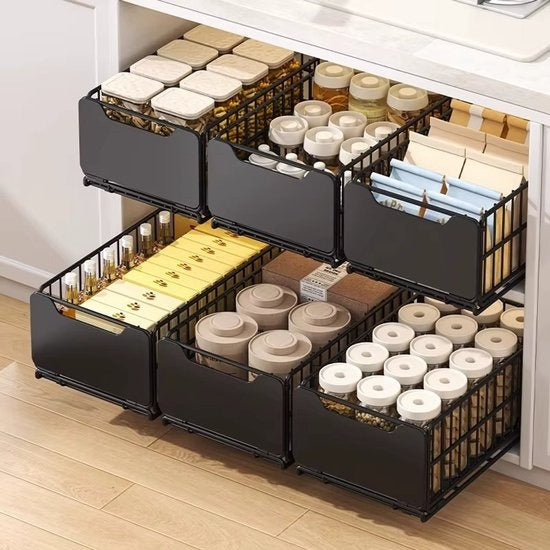TammaT Uitschuifbare & Inklapbare Keukenkast Organizer | RVS Kastrek 43 × 25 × 18 cm | Zwart en Wit kleur beschikbaar
