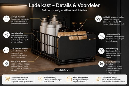 TammaT Uitschuifbare & Inklapbare Keukenkast Organizer | RVS Kastrek 43 × 25 × 18 cm | Zwart en Wit kleur beschikbaar