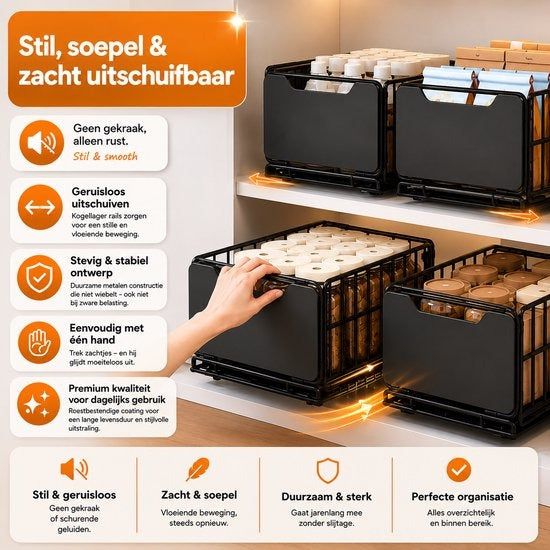 TammaT Uitschuifbare & Inklapbare Keukenkast Organizer | RVS Kastrek 43 × 25 × 18 cm | Zwart en Wit kleur beschikbaar