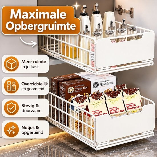 TammaT Uitschuifbare & Inklapbare Keukenkast Organizer | RVS Kastrek 43 × 25 × 18 cm | Zwart en Wit kleur beschikbaar